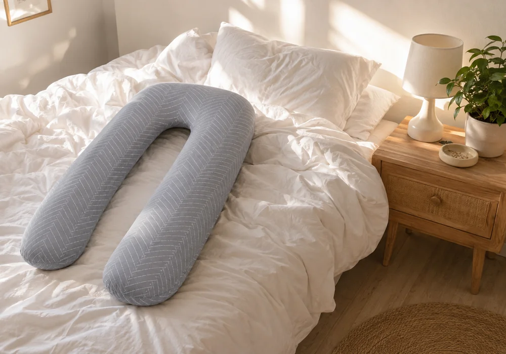 Graues U-Kissen mit Zickzackmuster auf einem zerwühlten Bett, in einem hellen Schlafzimmer mit Grünpflanze und Nachttischlampe