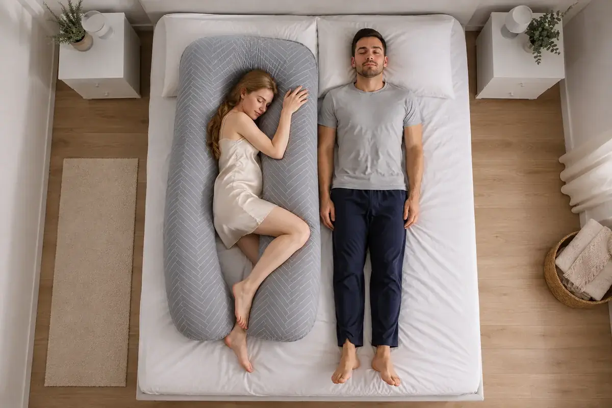 Draufsicht auf ein 140 cm breites Bett mit dem U-Kissen auf einer Seite