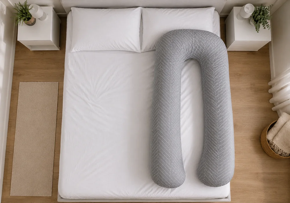 Doppelbett von oben, die Öffnung des U-Kissens zeigt zur äußeren Bettkante