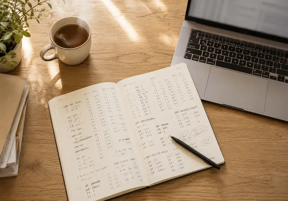 Helle Holzarbeitsplatte von oben: aufgeschlagenes Notizbuch mit handschriftlichen Strichlisten, Stift, Tasse und Laptop