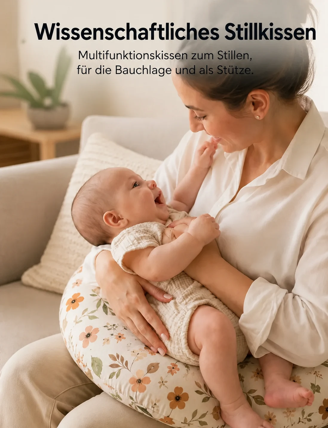 Eine Mutter hält ihr Baby auf dem geblümten Stillkissen, im Wohnzimmer auf dem Sofa