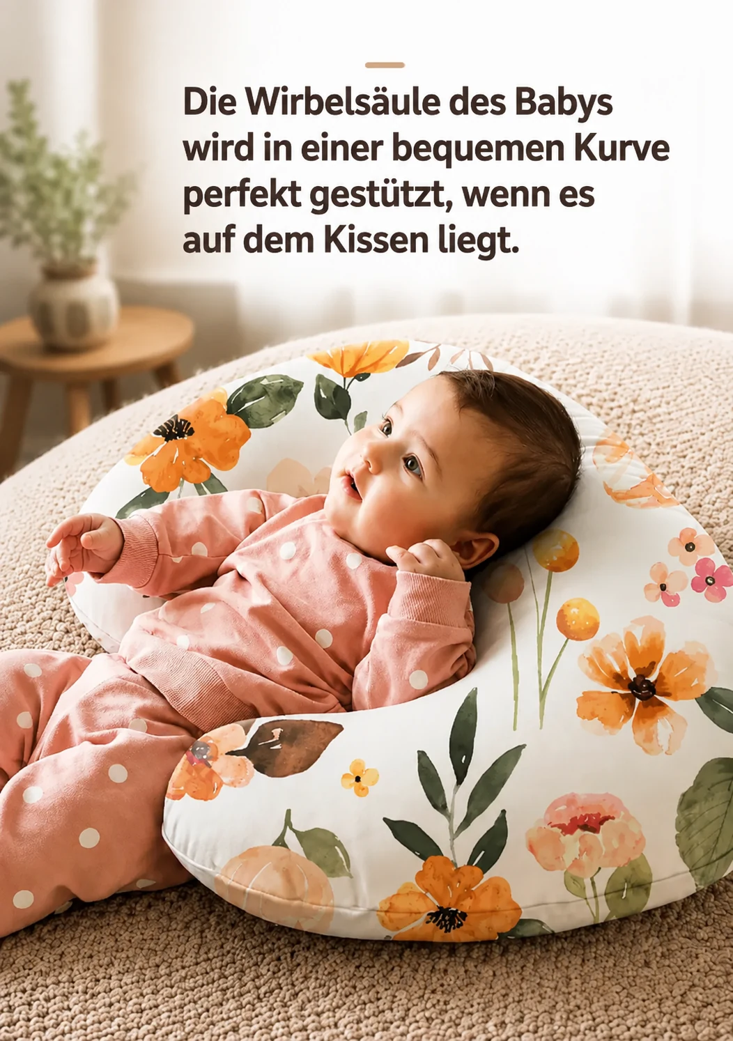Ein Baby liegt auf dem Rücken in der Rundung des geblümten Stillkissens