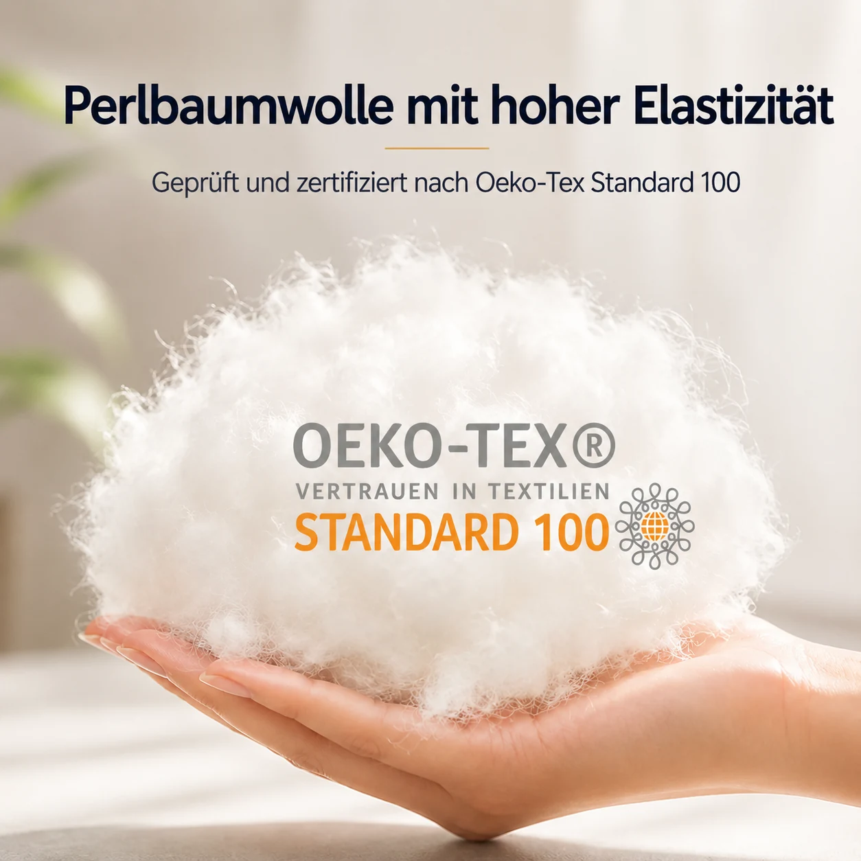 Eine Handvoll weiße Faserfüllung in einer offenen Hand, mit dem OEKO-TEX-Logo