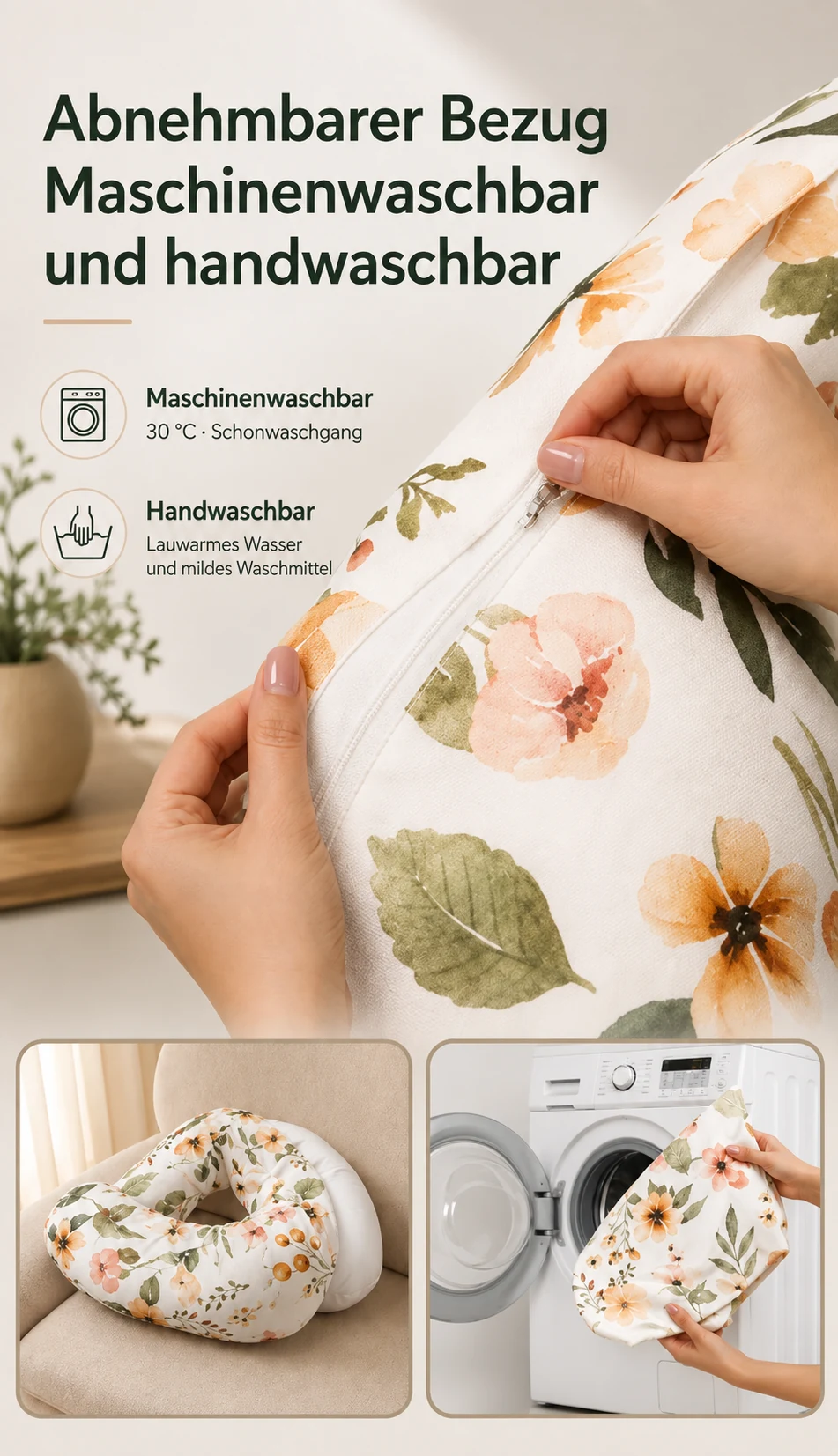 Eine Hand öffnet den Reißverschluss des Bezugs, daneben das Kissen und eine Waschmaschine